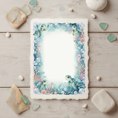 Watercolor Sea Turtle Border Frame on Wooden Background