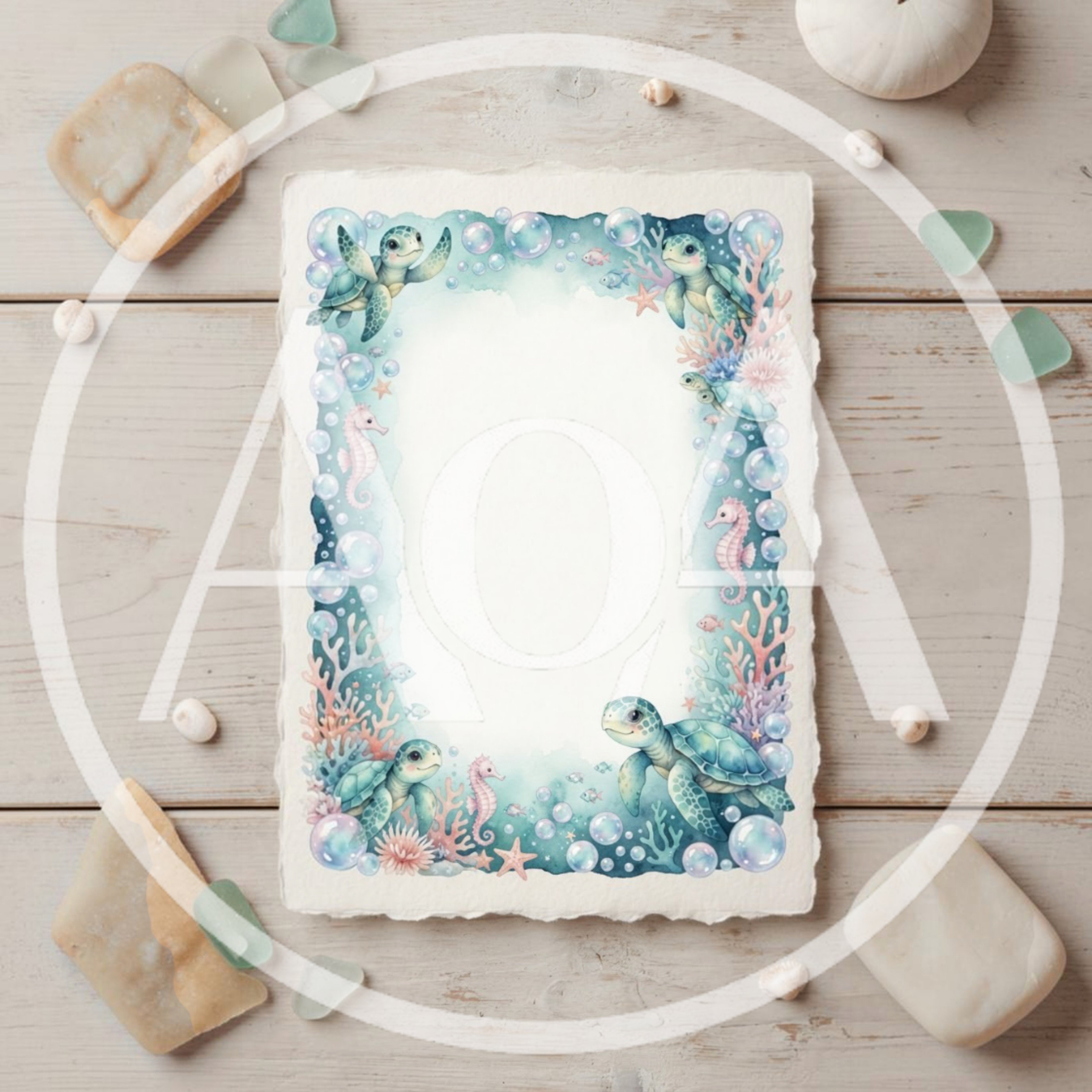 Watercolor Sea Turtle Border Frame on Wooden Background