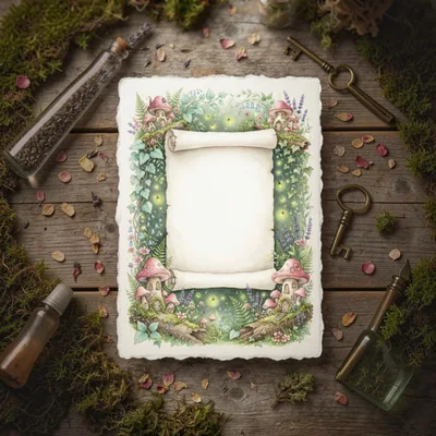Enchanted Forest Scroll With Mushroom Houses And Fireflies
