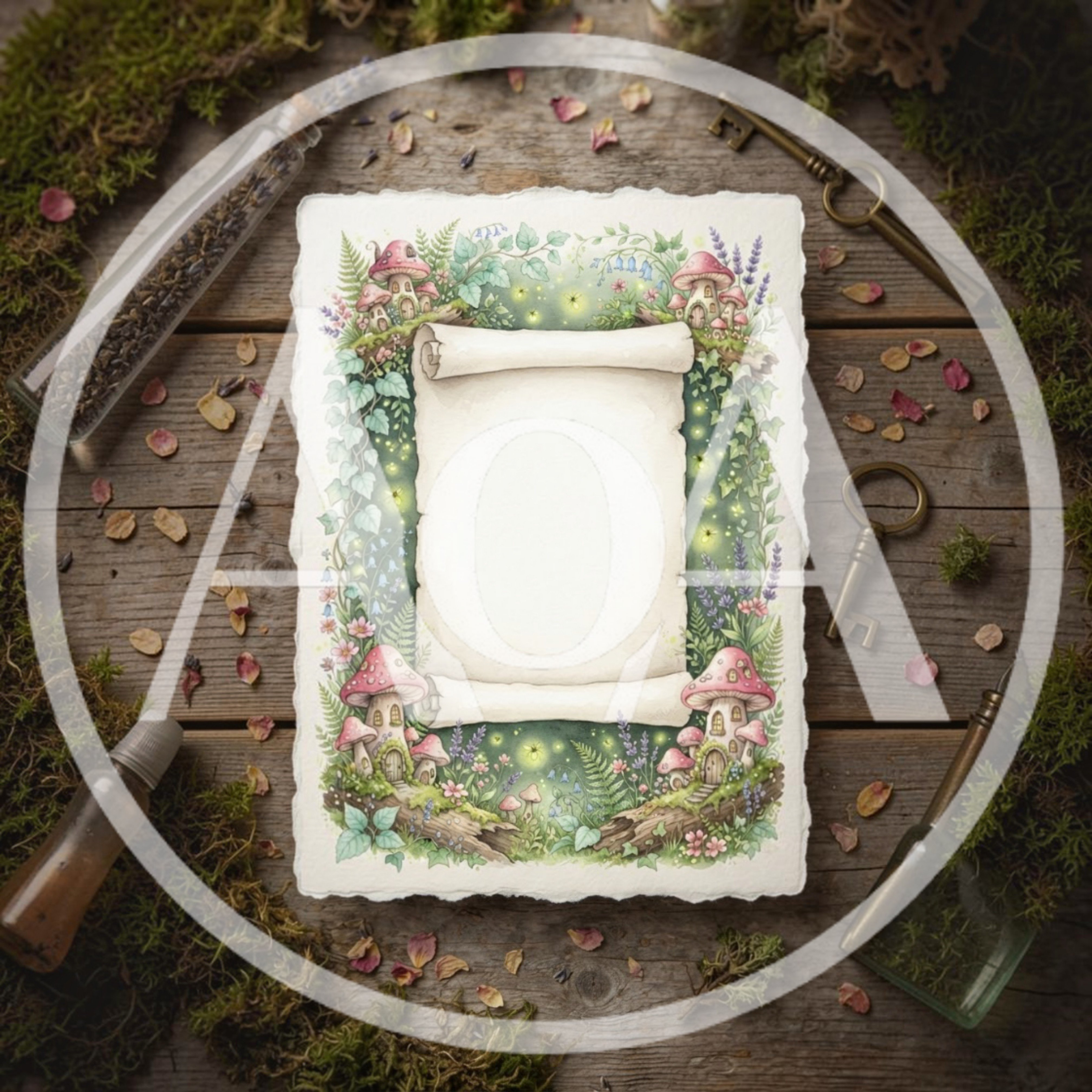 Enchanted Forest Scroll With Mushroom Houses And Fireflies