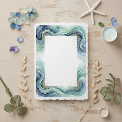 Watercolor Frame With Sea Glass And Dried Botanicals