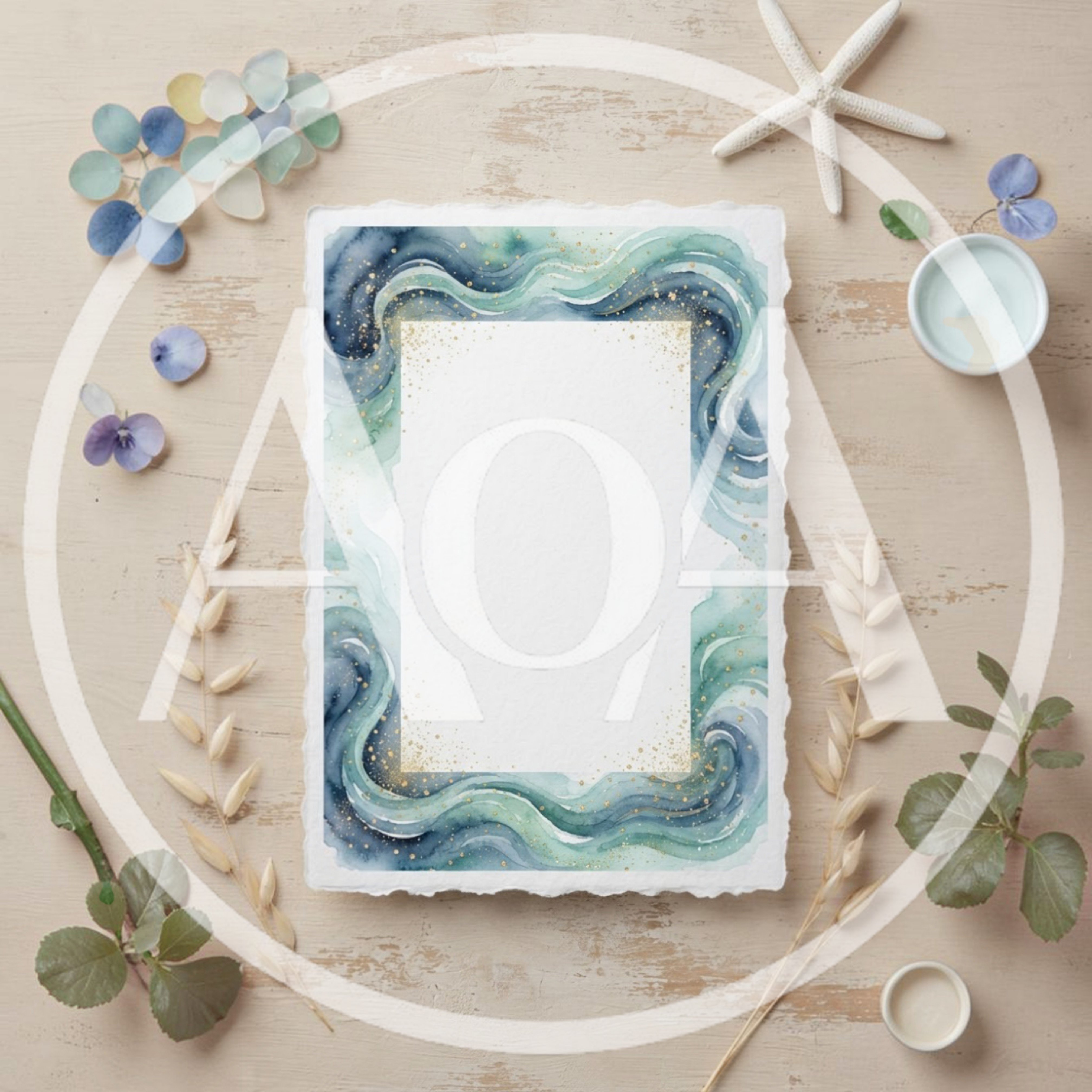 Watercolor Frame With Sea Glass And Dried Botanicals