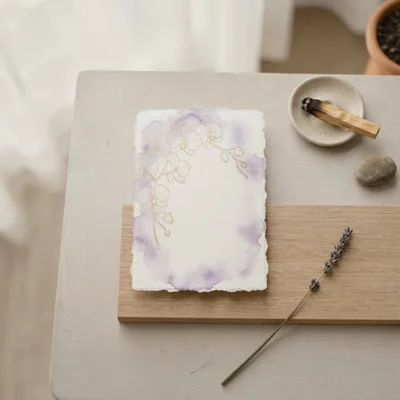 Blank Watercolor Orchid Stationery On Wooden Board
