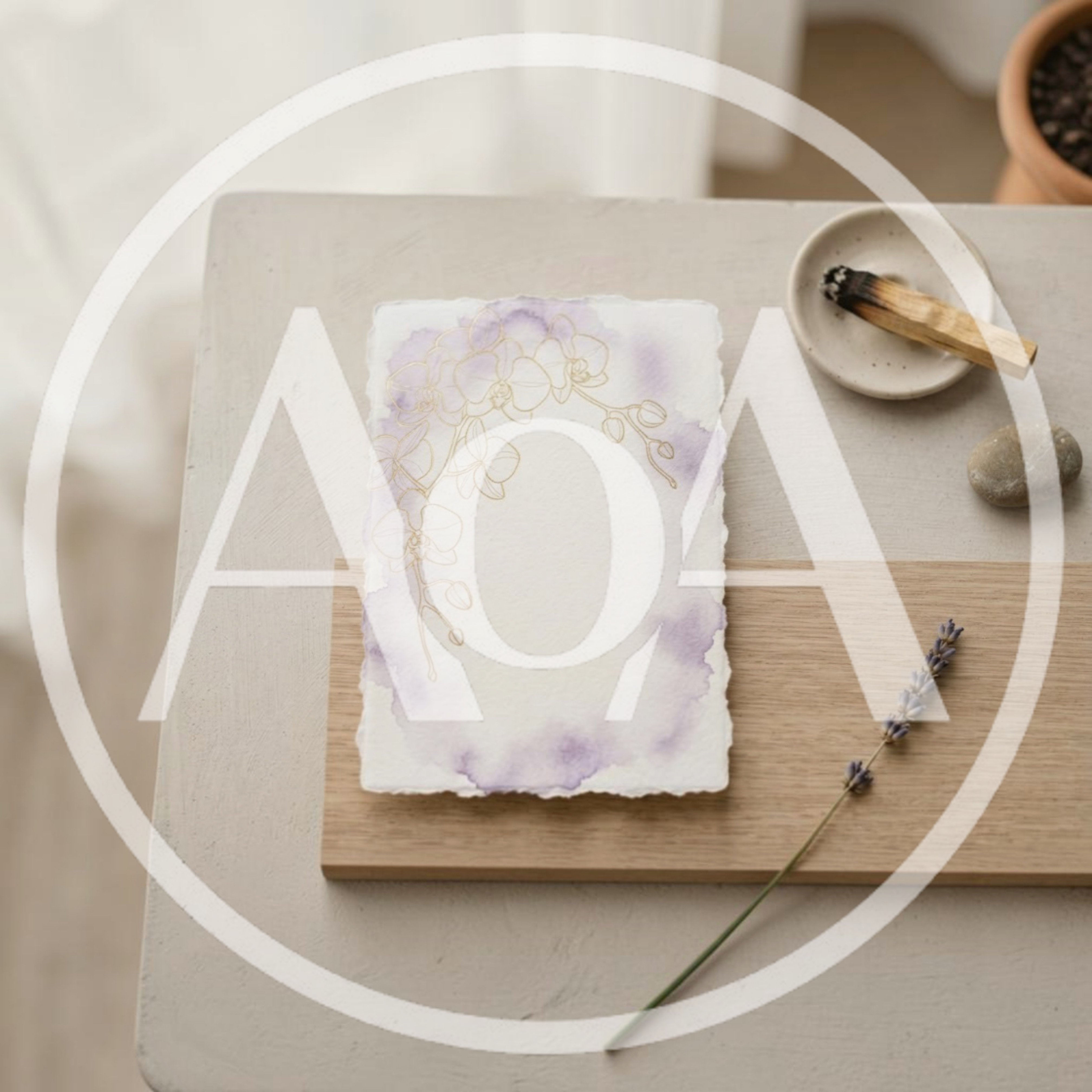 Blank Watercolor Orchid Stationery On Wooden Board