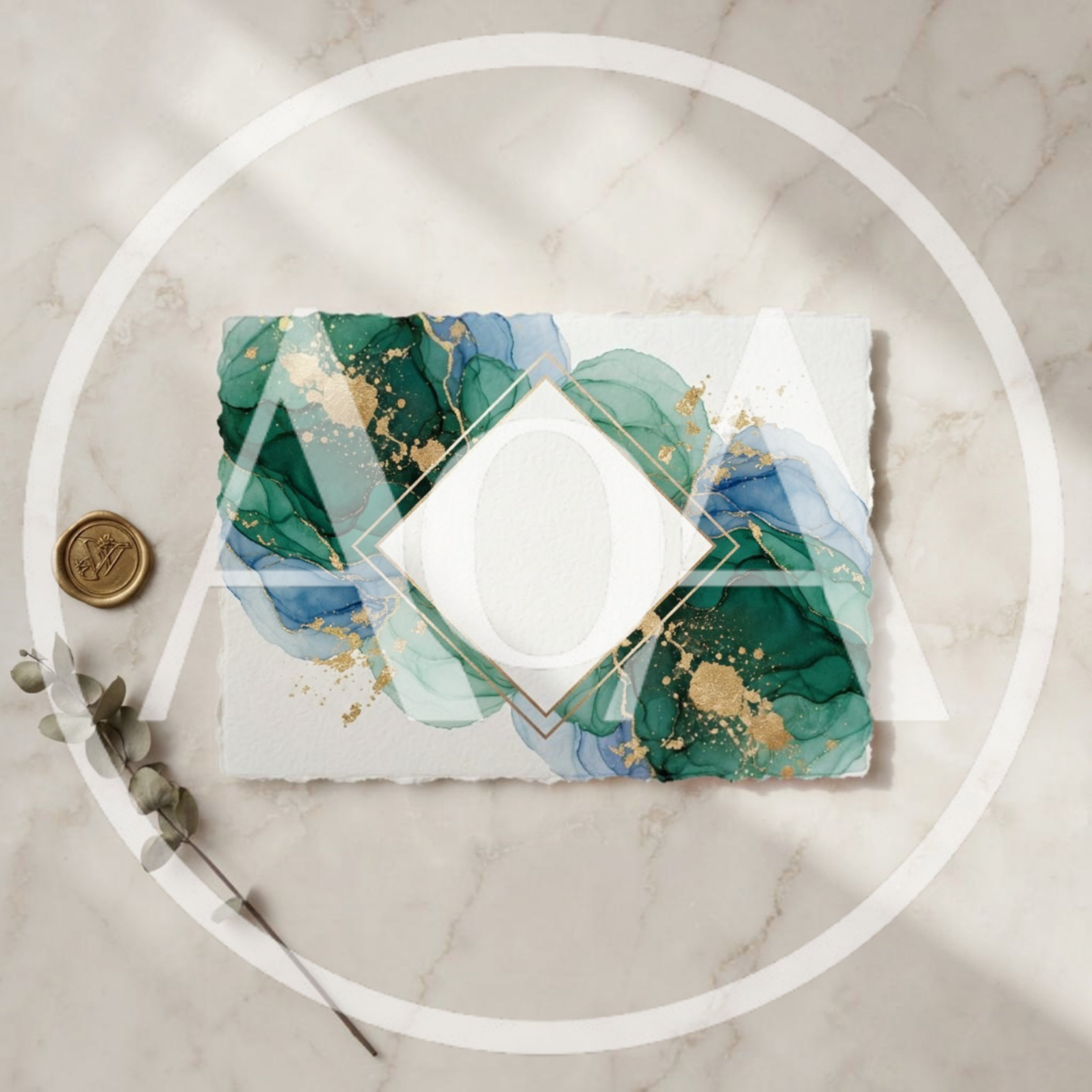 Watercolor Invitation Card With Gold Frame And Eucalyptus