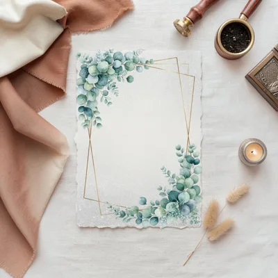 Eucalyptus Wedding Invitation Mockup With Gold Geometric Frame