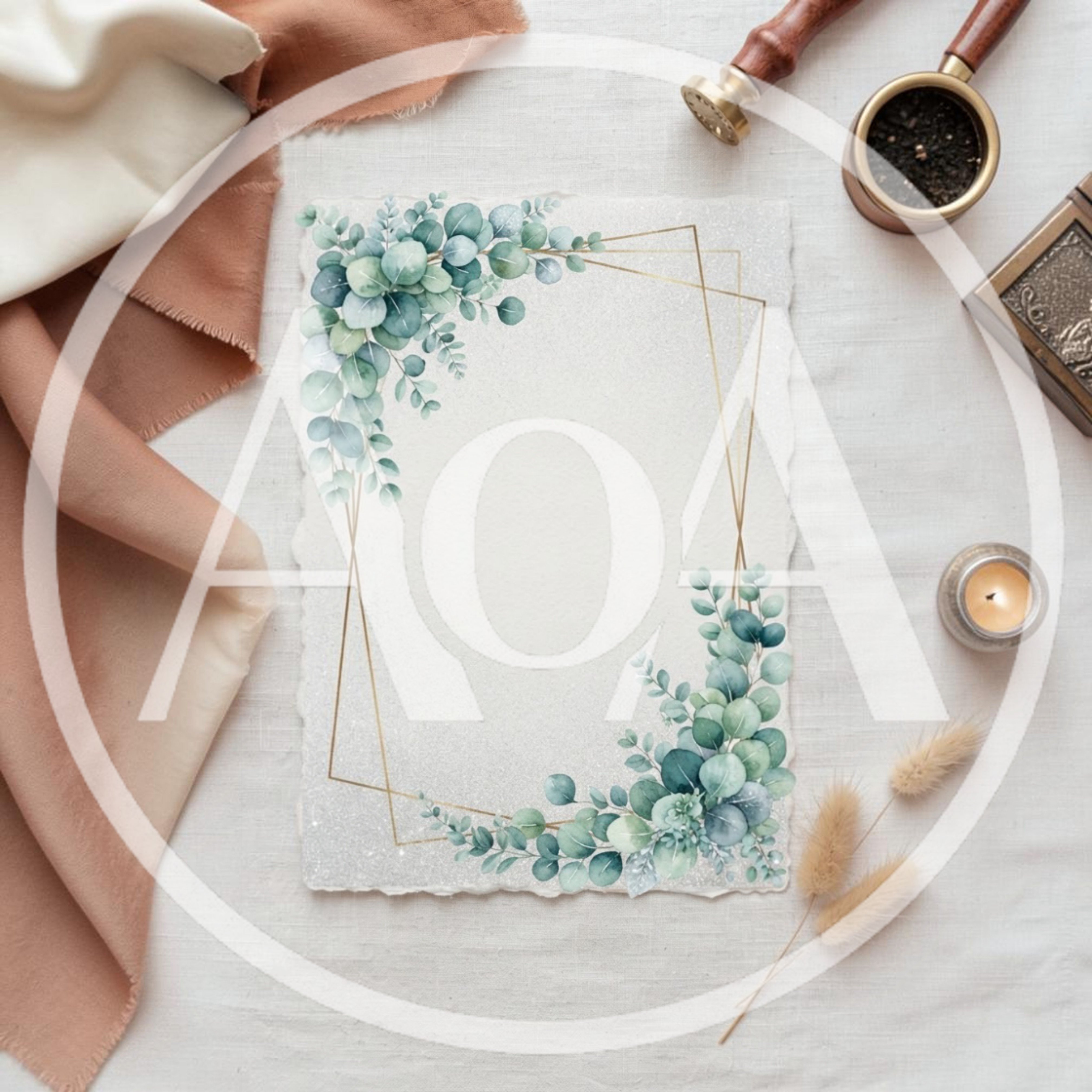 Eucalyptus Wedding Invitation Mockup With Gold Geometric Frame