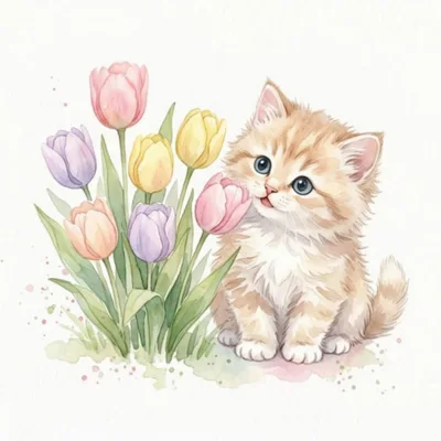 Cute Fluffy Kitten Sitting Beside Colorful Tulips