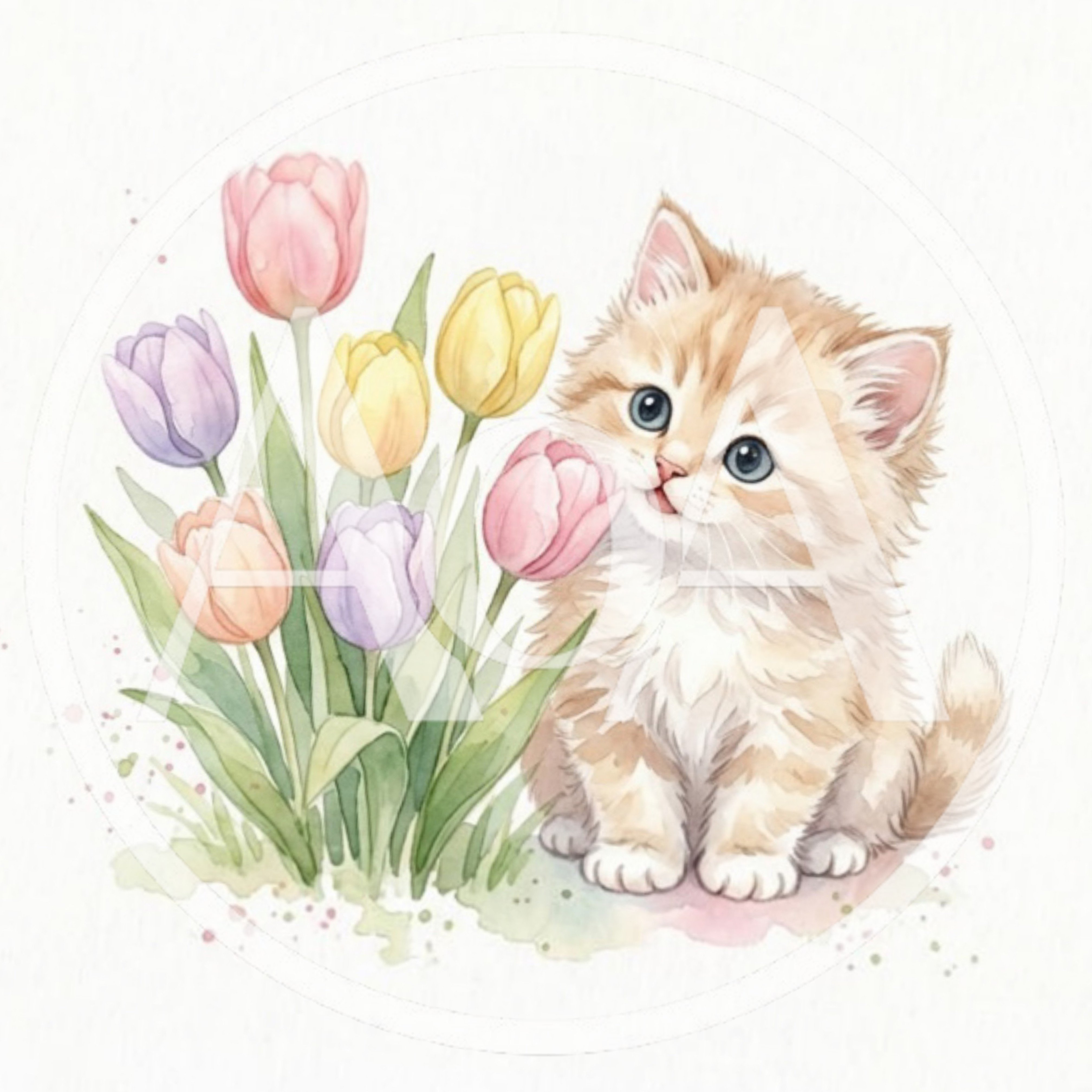 Cute Fluffy Kitten Sitting Beside Colorful Tulips