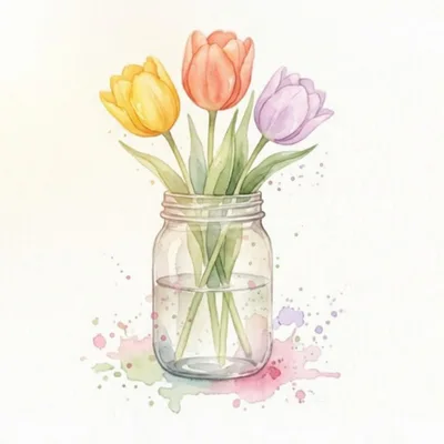 Watercolor Illustration Of Three Colorful Tulips In A Jar