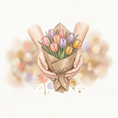 Hands Holding A Bouquet Of Watercolor Tulips