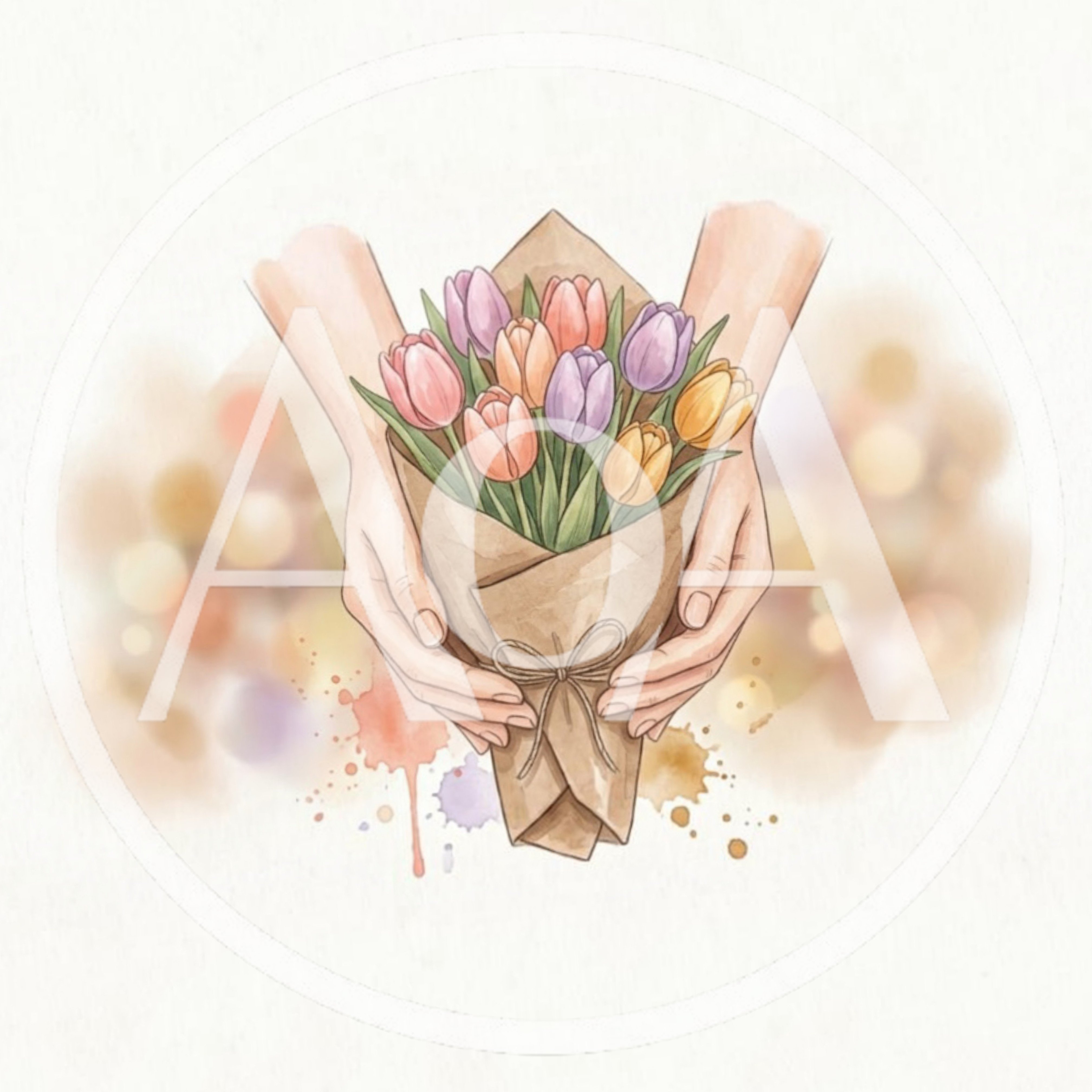 Hands Holding A Bouquet Of Watercolor Tulips