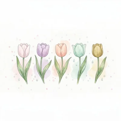 Watercolor Illustration Of Five Colorful Tulips
