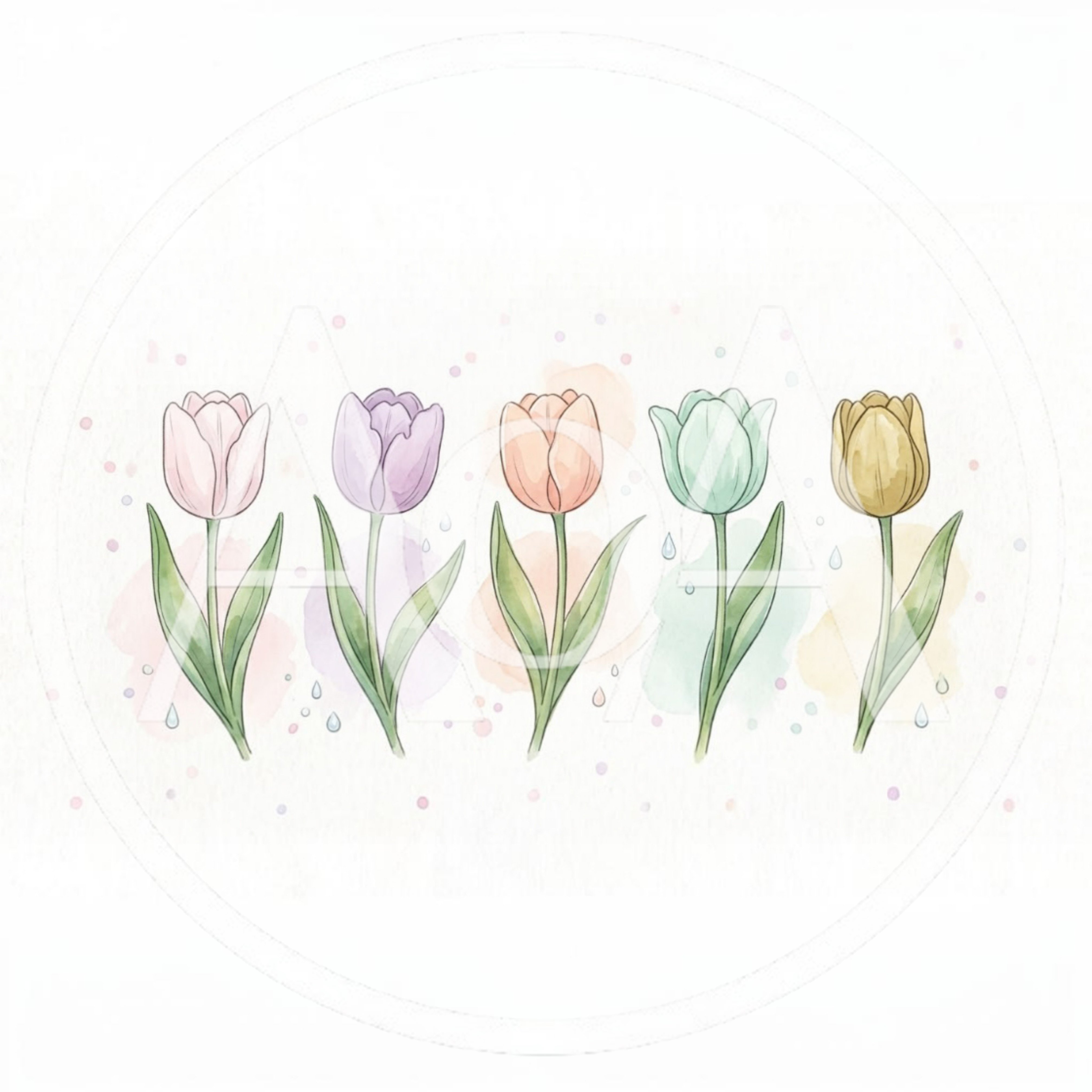 Watercolor Illustration Of Five Colorful Tulips