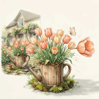 Watercolor Illustration Of Tulips In Wooden Watering Cans