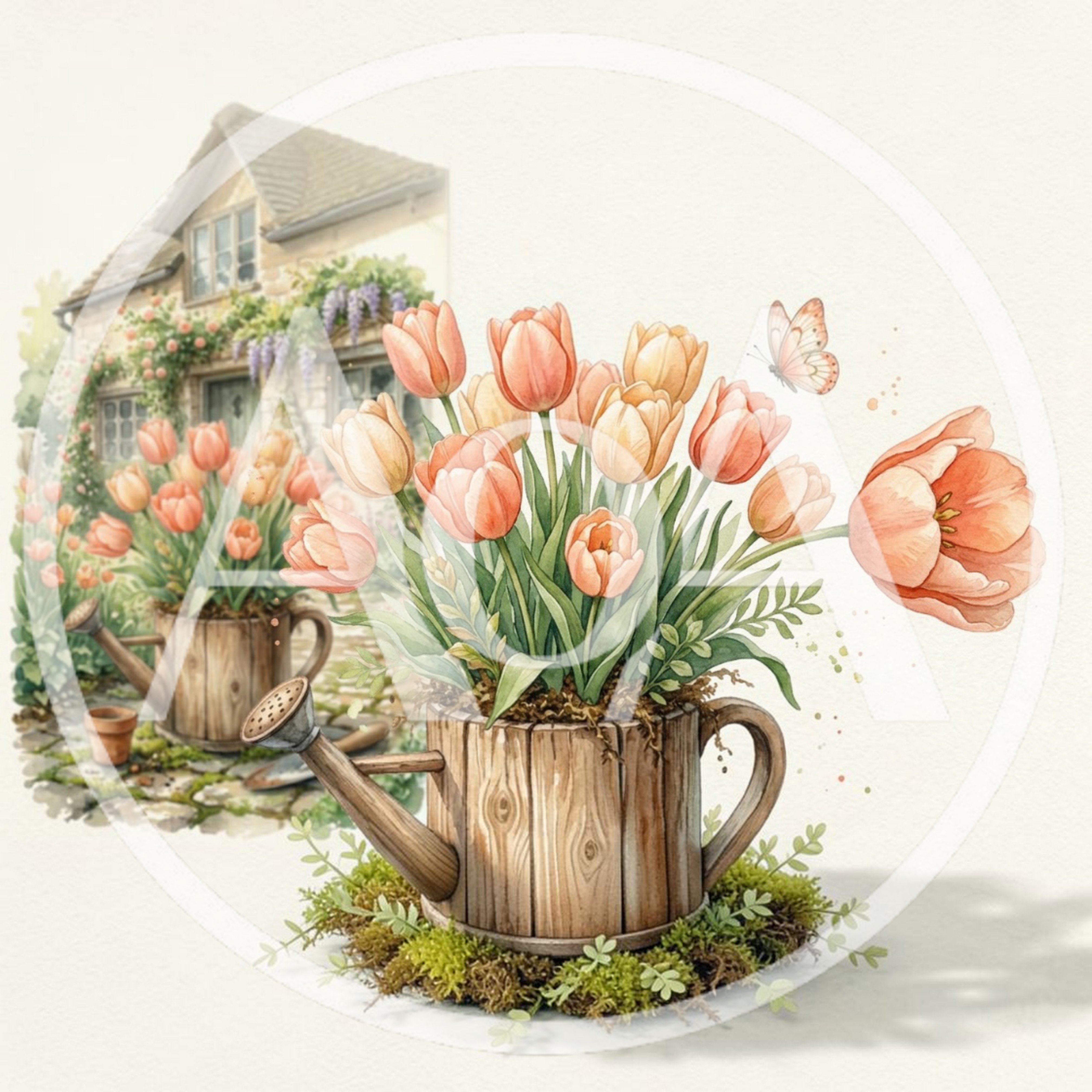 Watercolor Illustration Of Tulips In Wooden Watering Cans