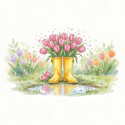 Watercolor Illustration Of Tulips In Yellow Rain Boots