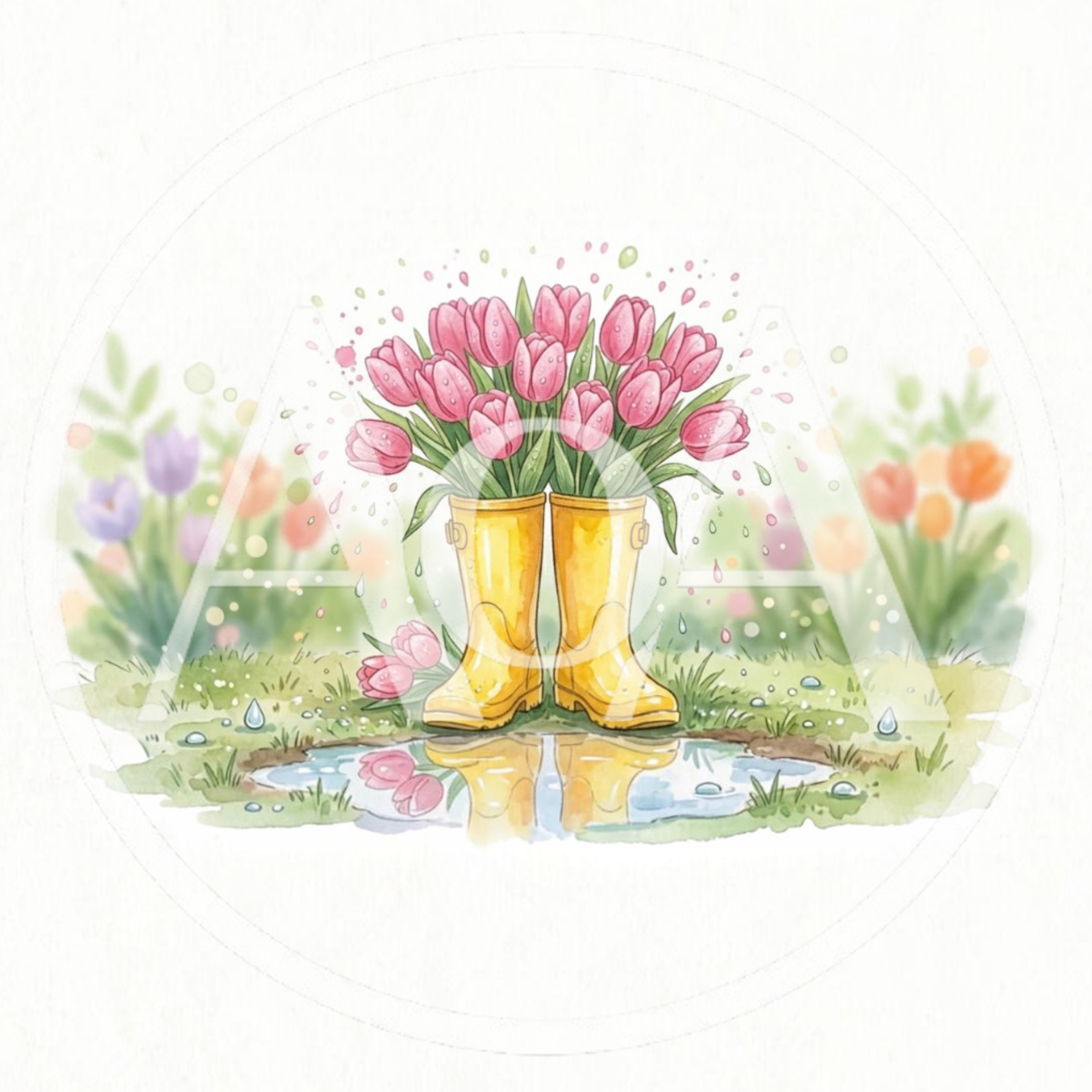 Watercolor Illustration Of Tulips In Yellow Rain Boots