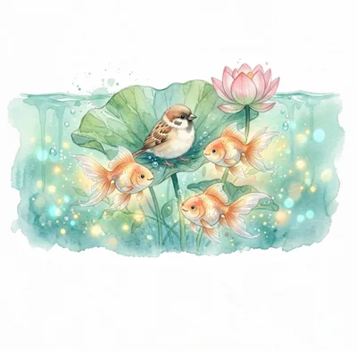 Watercolor Illustration Of A Sparrow And Goldfish