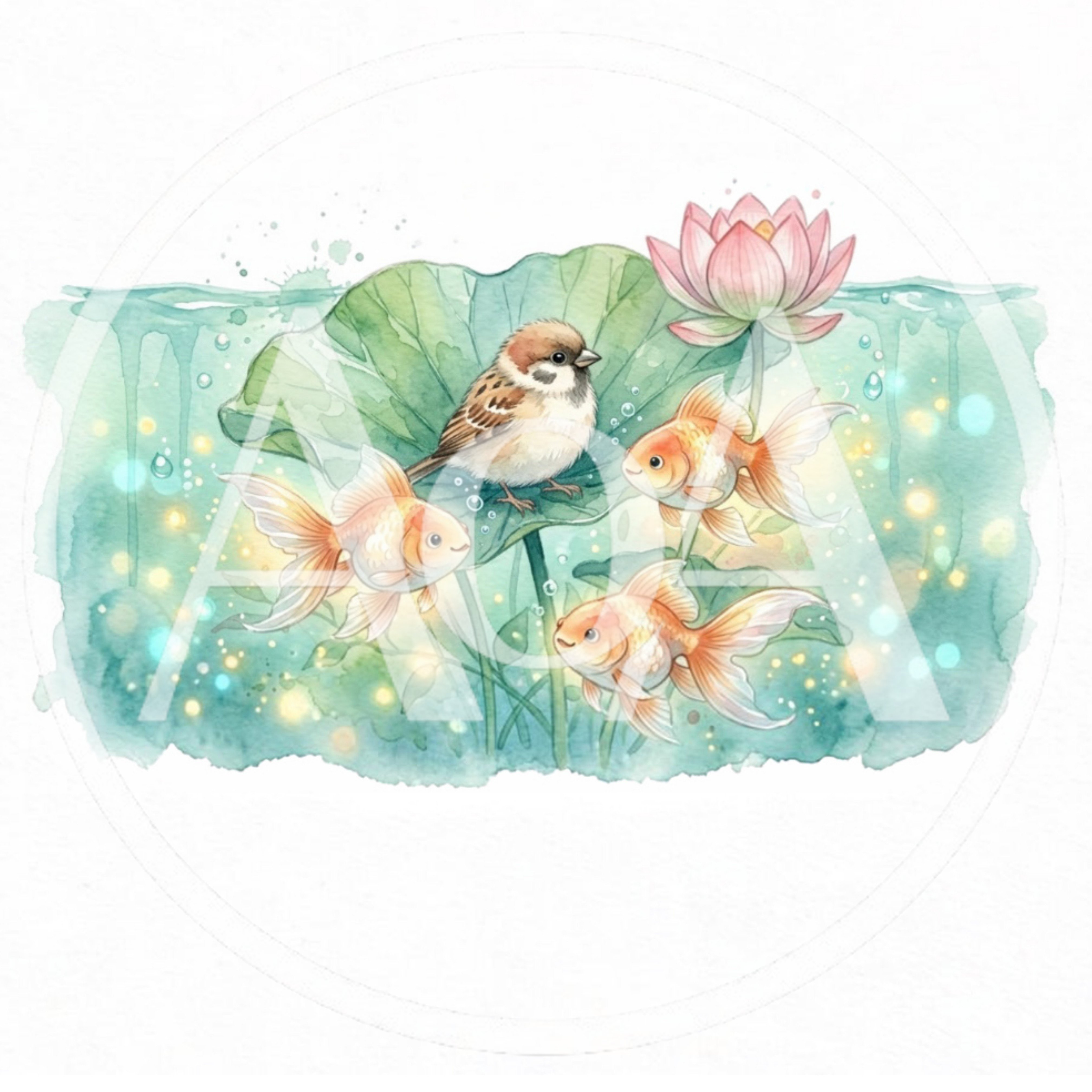 Watercolor Illustration Of A Sparrow And Goldfish