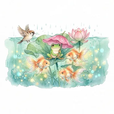 Watercolor Illustration of Frog and Goldfish in Rain