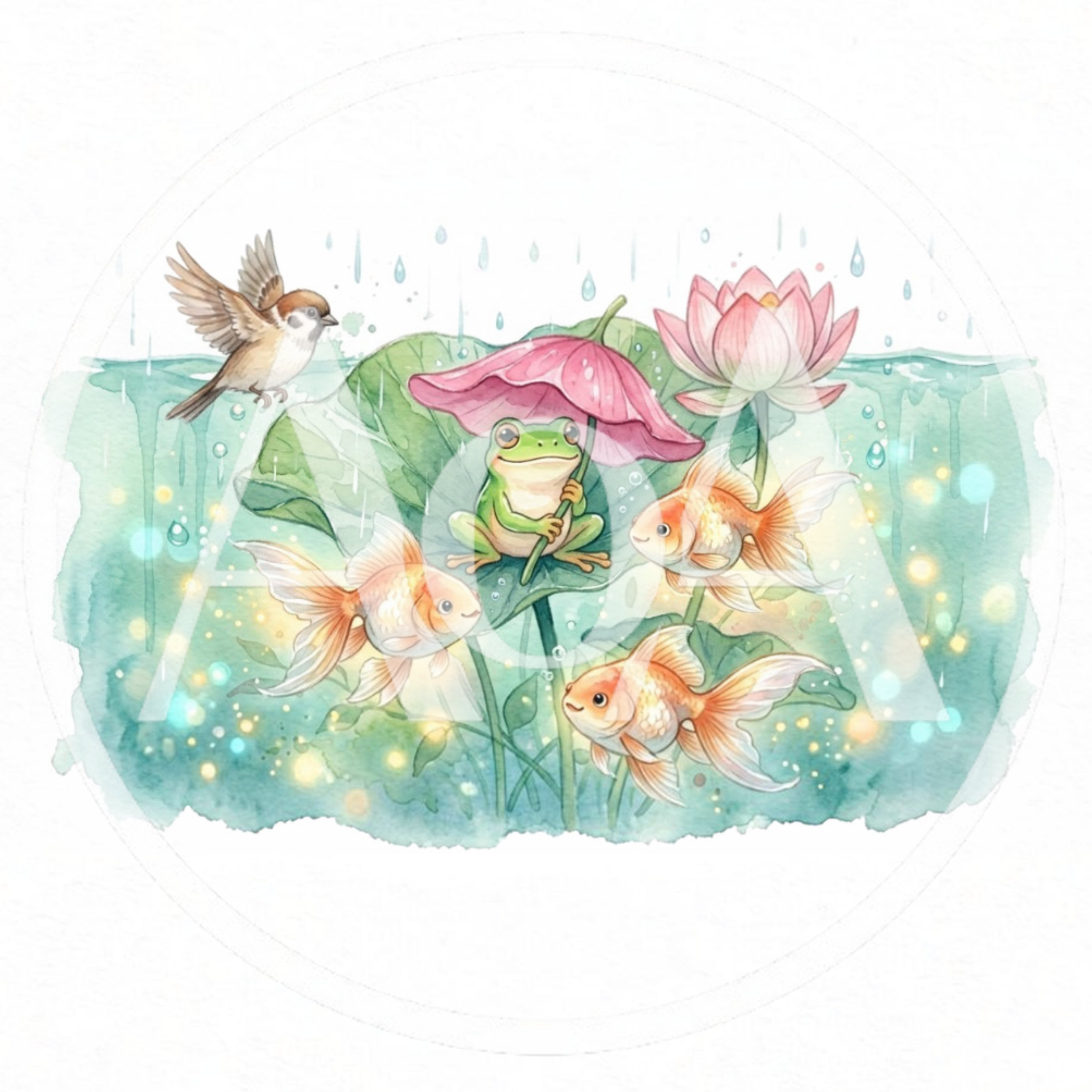 Watercolor Illustration of Frog and Goldfish in Rain