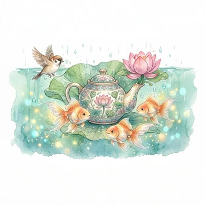 Watercolor Illustration of Goldfish and Teapot with Lotus