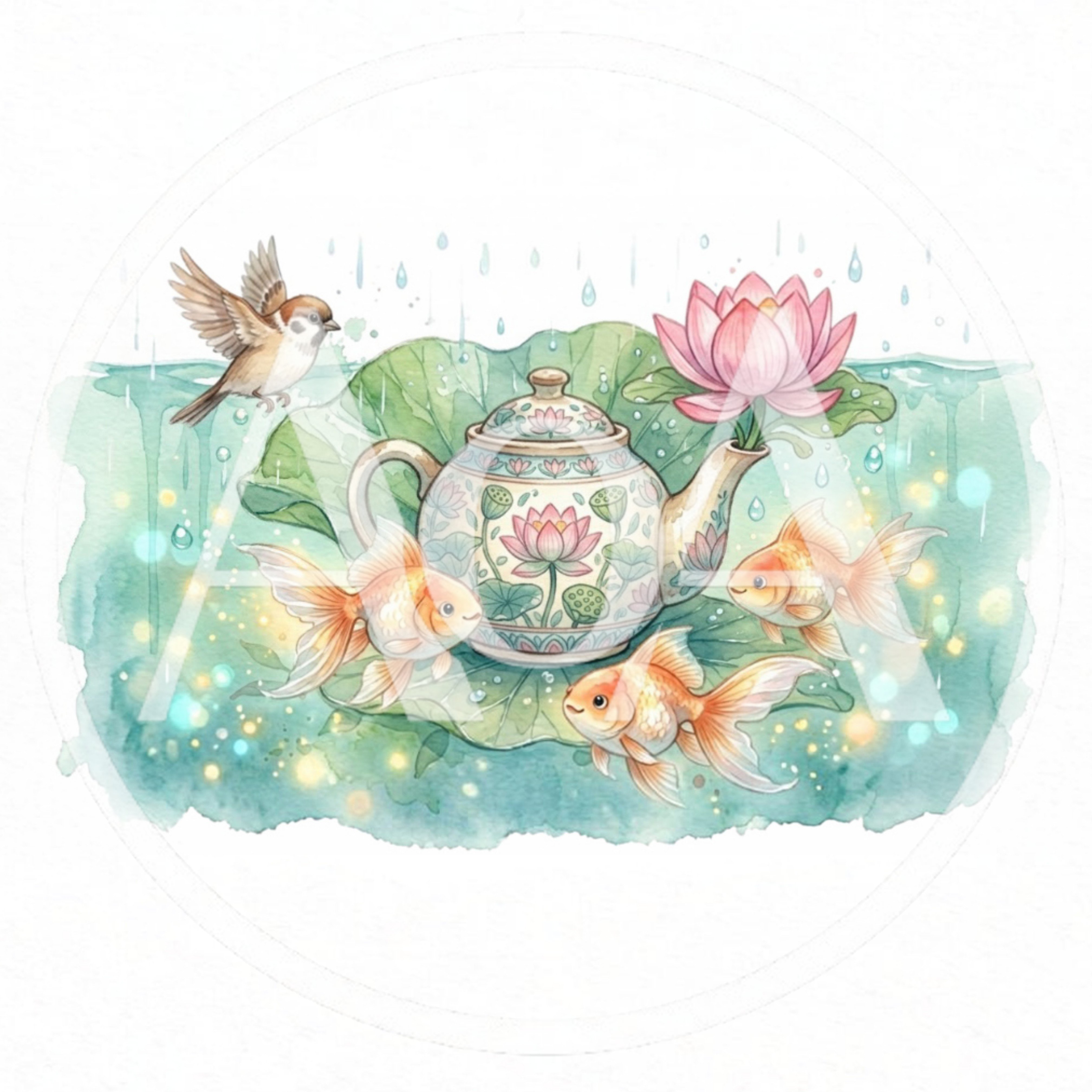 Watercolor Illustration of Goldfish and Teapot with Lotus