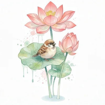 Watercolor Illustration Of A Sparrow Perched On Lotus Leaf