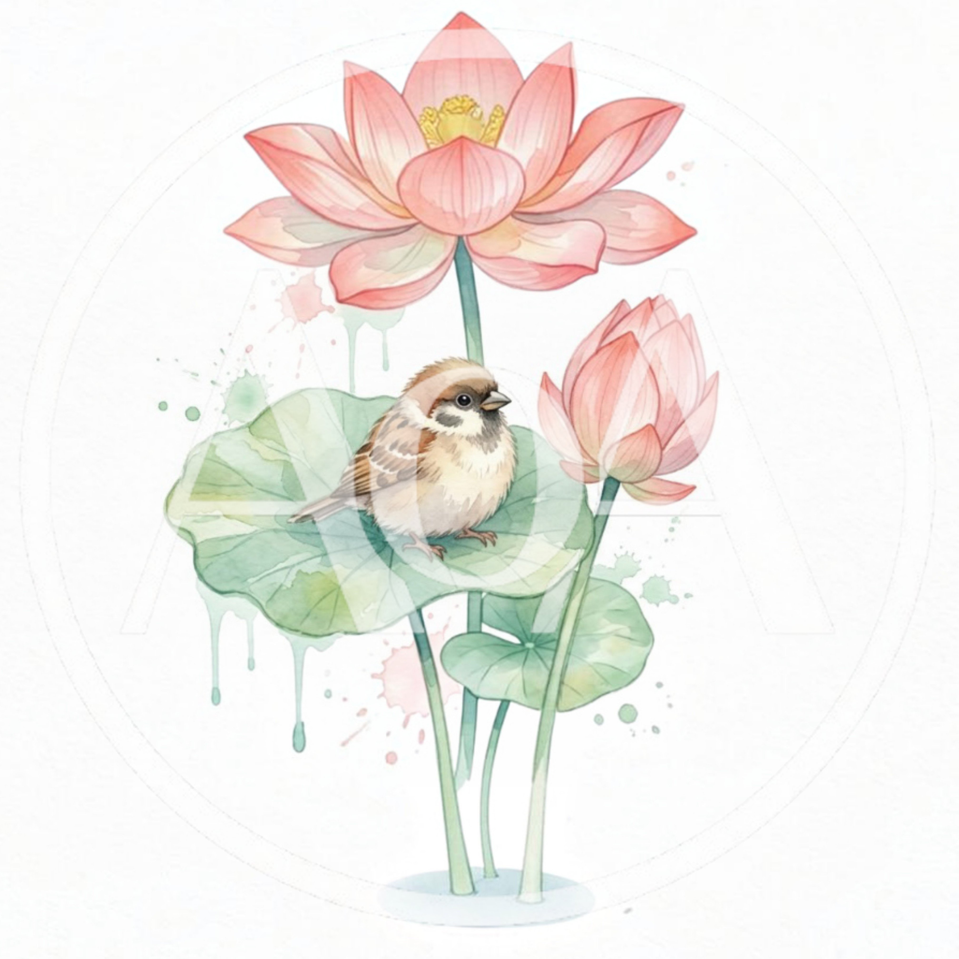Watercolor Illustration Of A Sparrow Perched On Lotus Leaf
