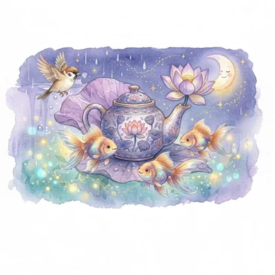 Watercolor Illustration Of Teapot With Goldfish And Lotus