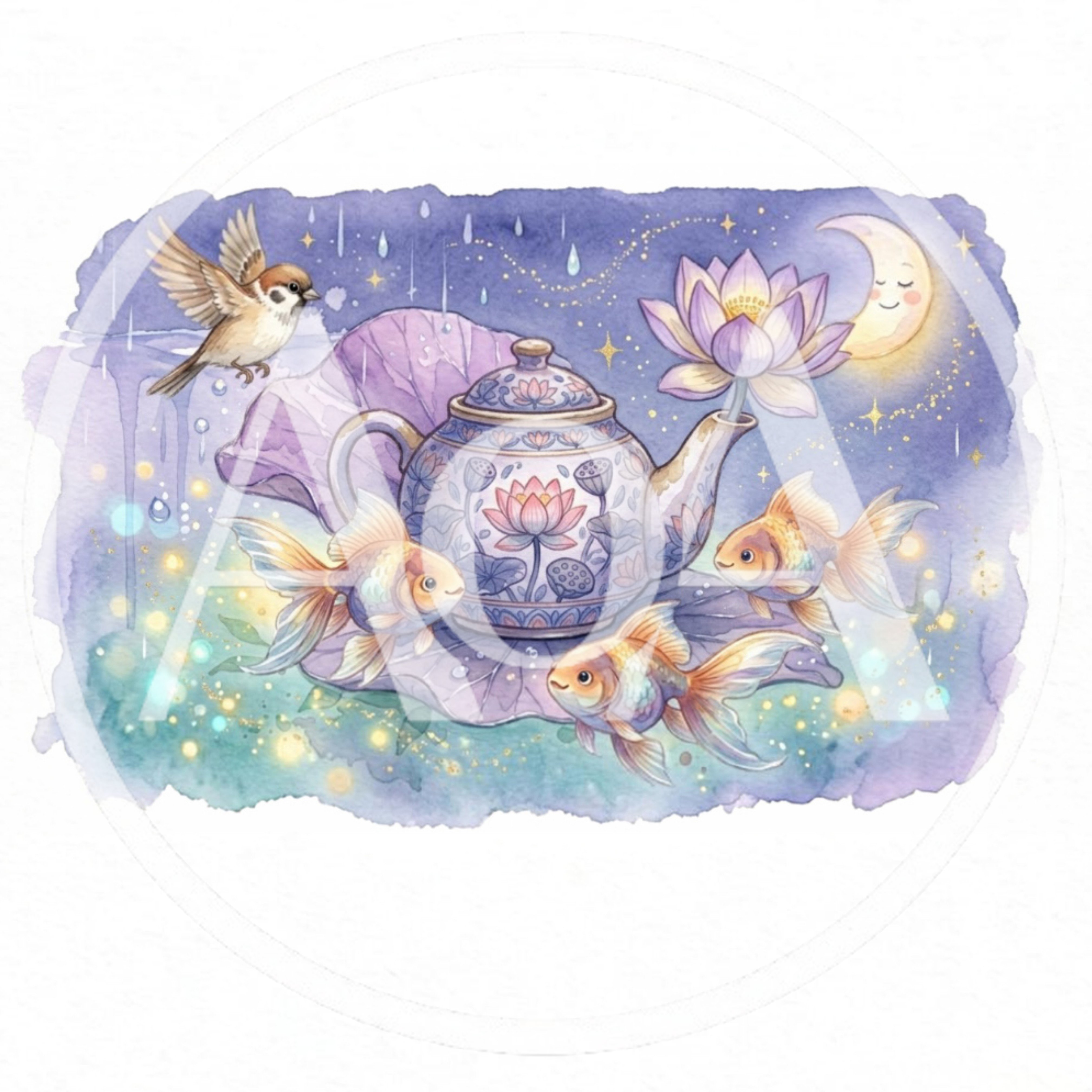Watercolor Illustration Of Teapot With Goldfish And Lotus