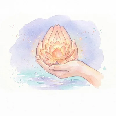 Watercolor Illustration Of Hands Holding A Glowing Lotus