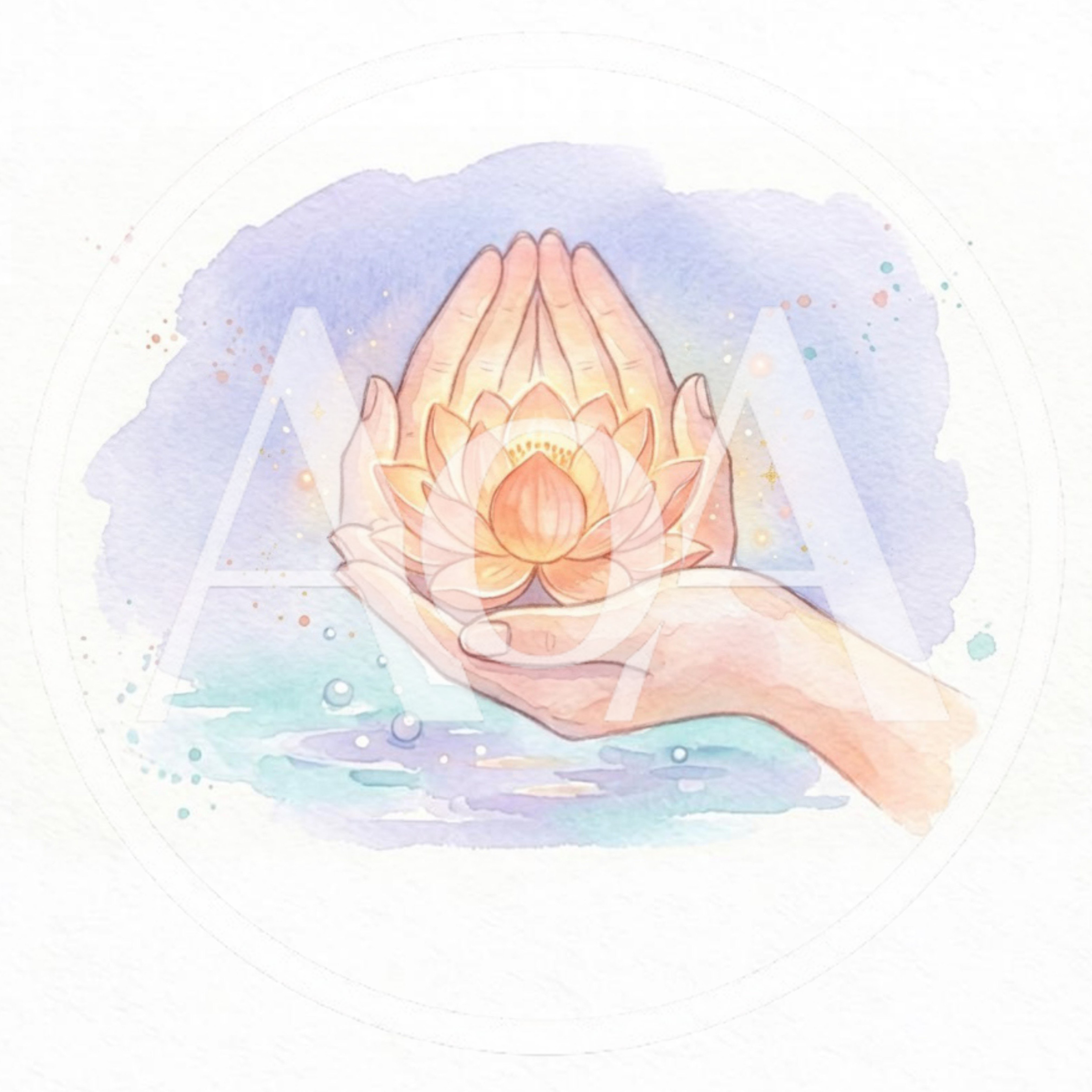 Watercolor Illustration Of Hands Holding A Glowing Lotus