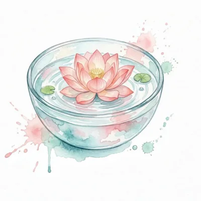 Watercolor Illustration Of A Lotus Flower In A Bowl