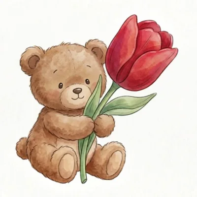 Cute Watercolor Teddy Bear Holding A Red Tulip