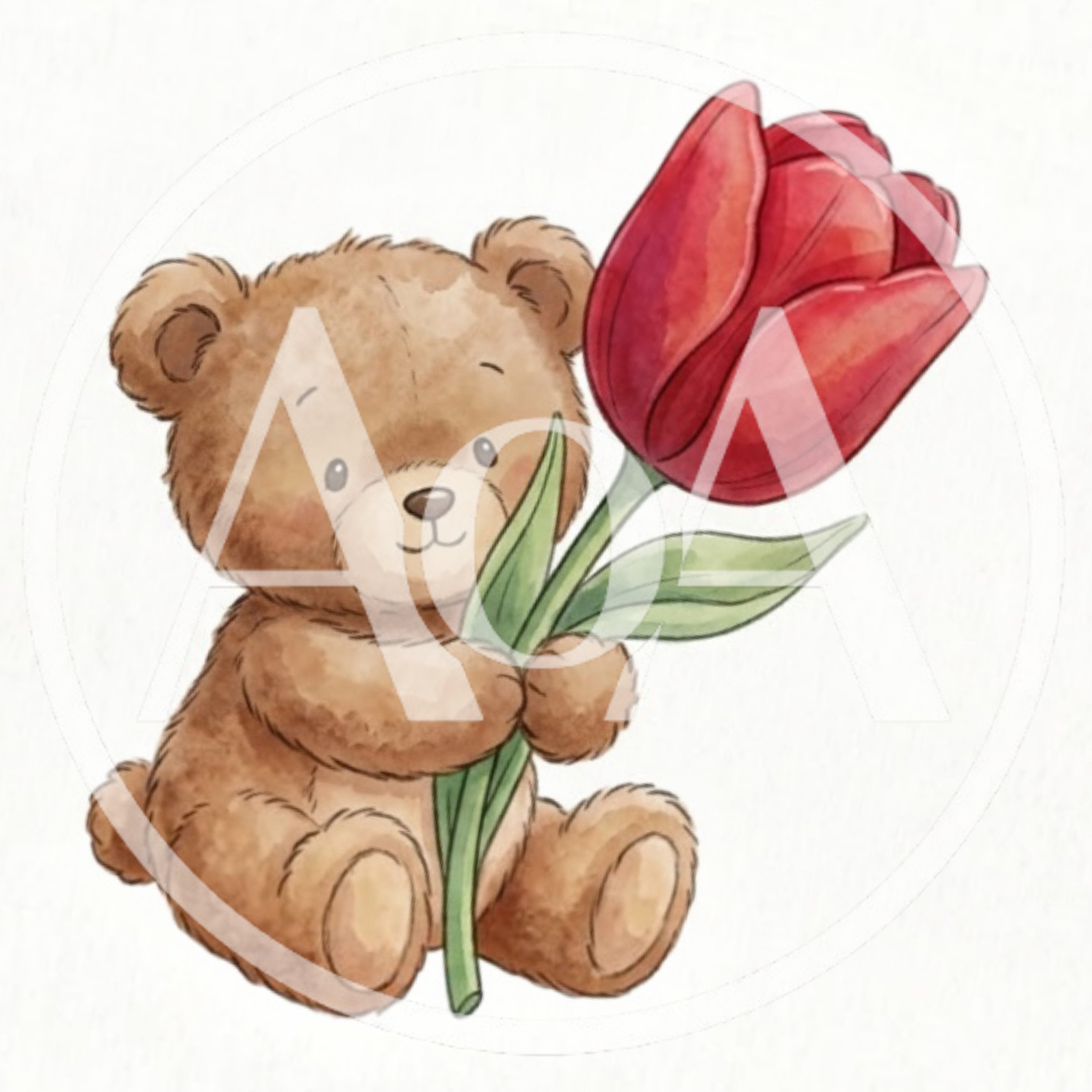 Cute Watercolor Teddy Bear Holding A Red Tulip