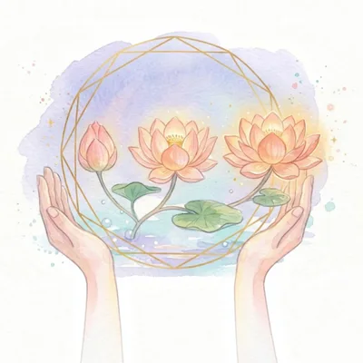 Hands Holding Glowing Lotus Flowers In Geometric Frame