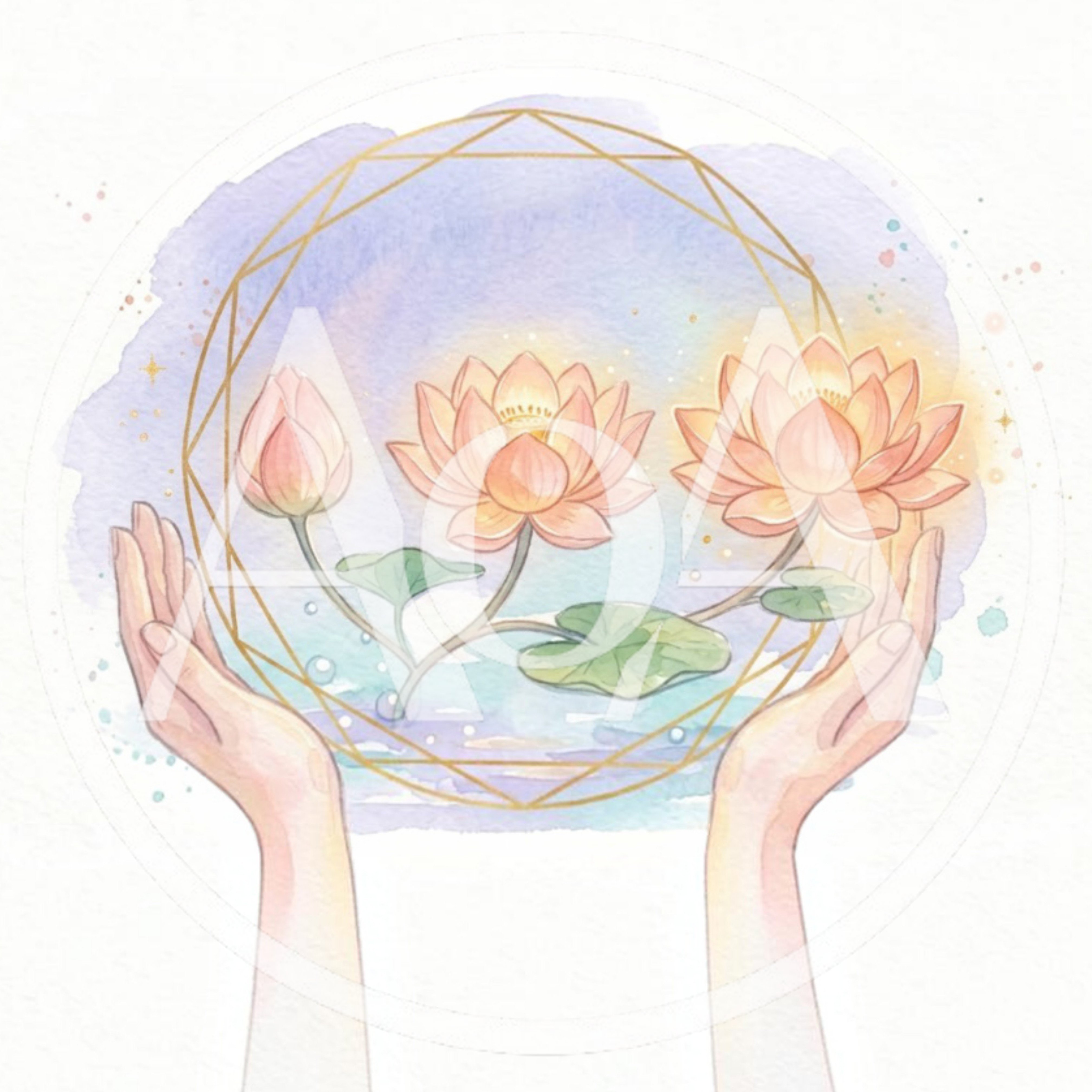 Hands Holding Glowing Lotus Flowers In Geometric Frame