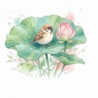 Watercolor Illustration Of A Sparrow On A Lotus Leaf