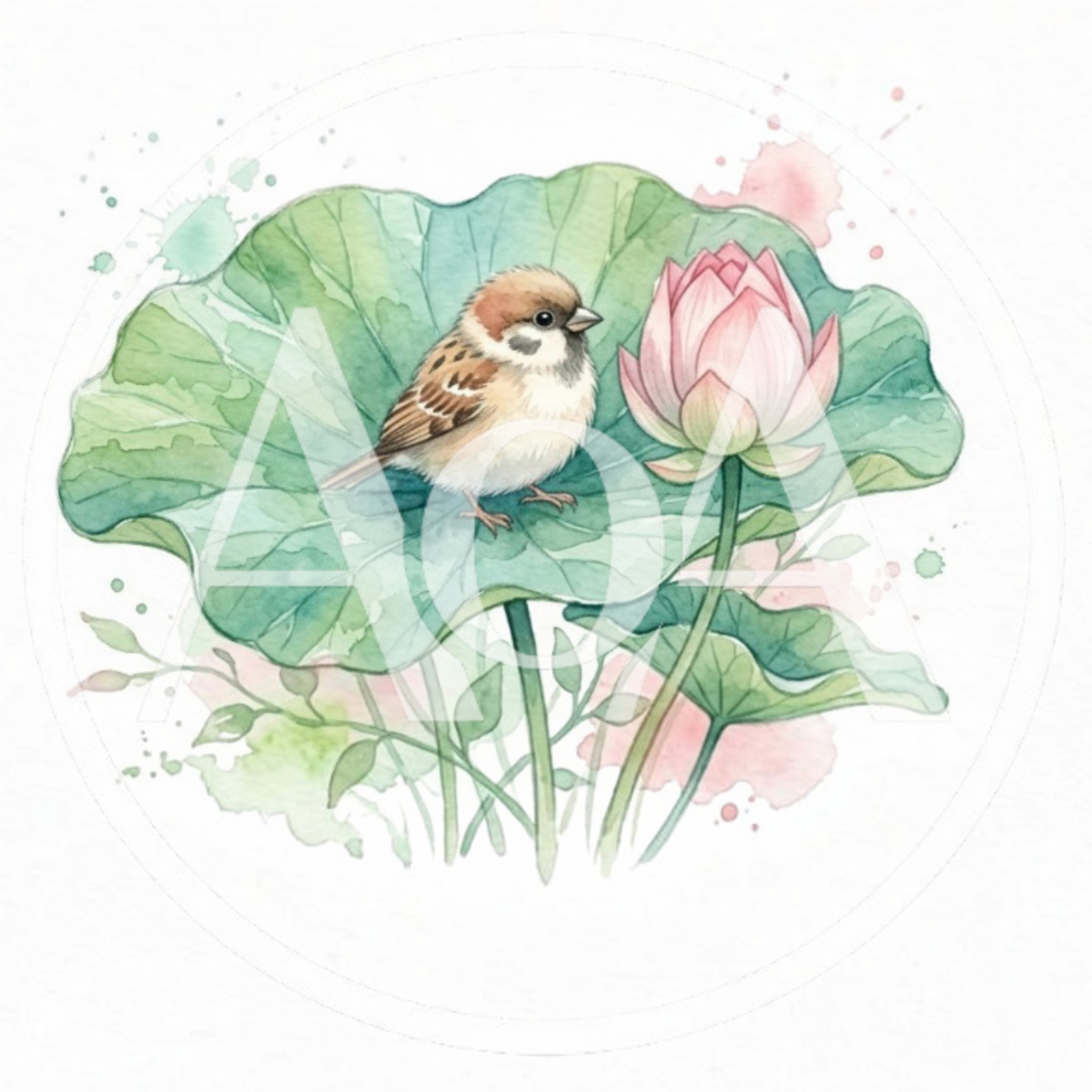 Watercolor Illustration Of A Sparrow On A Lotus Leaf