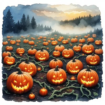 Spooky Jack O Lanterns In A Misty Pumpkin Patch