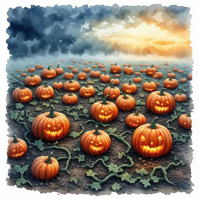 Glowing Jack O Lanterns In A Pumpkin Patch