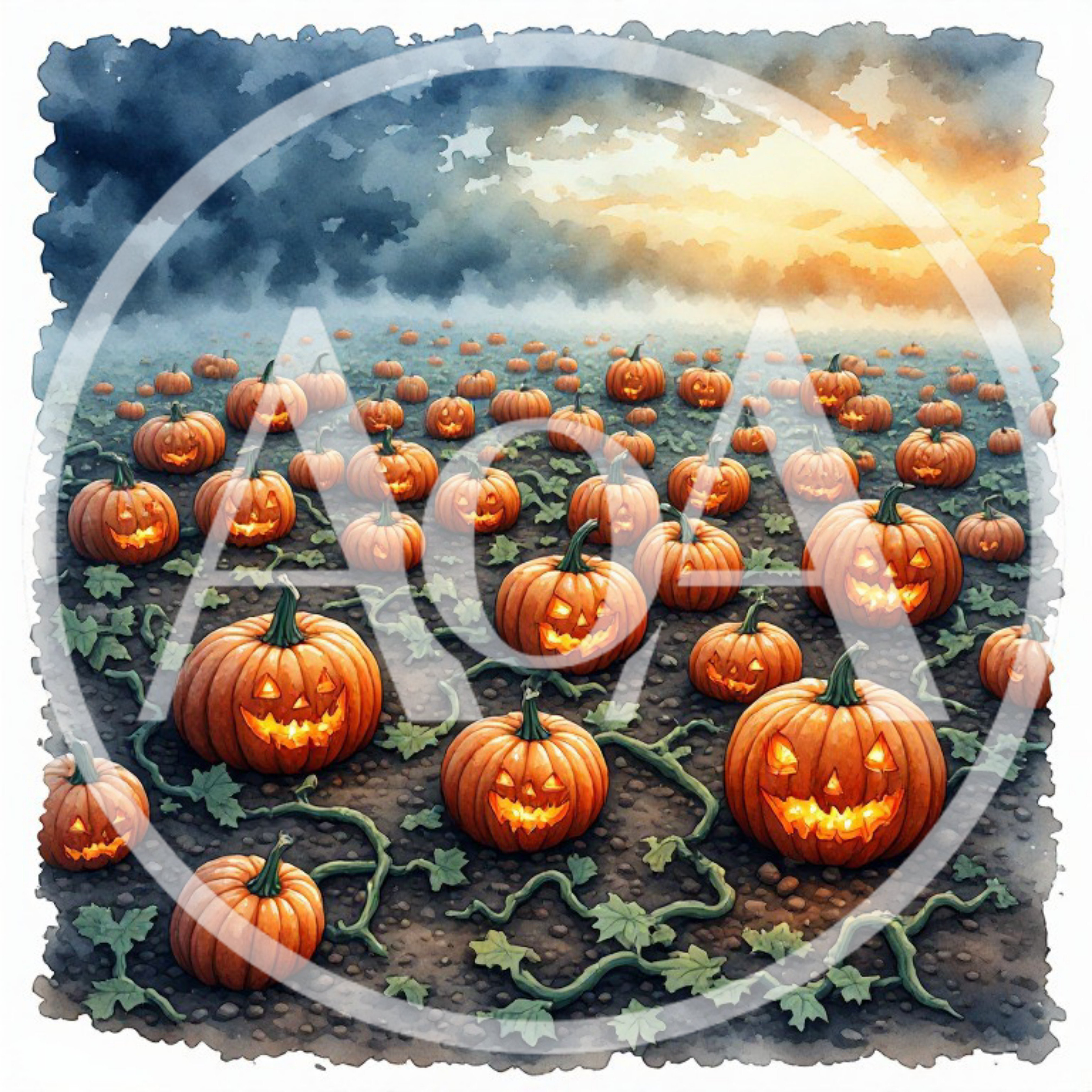 Glowing Jack O Lanterns In A Pumpkin Patch