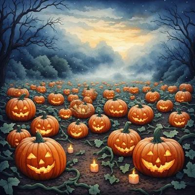 Glowing Jack O Lanterns In A Spooky Pumpkin Patch