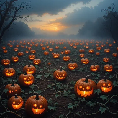 Spooky Jack O Lantern Pumpkin Patch At Sunset