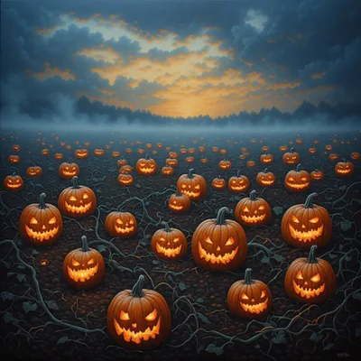 Glowing Jack O Lanterns In A Misty Pumpkin Patch