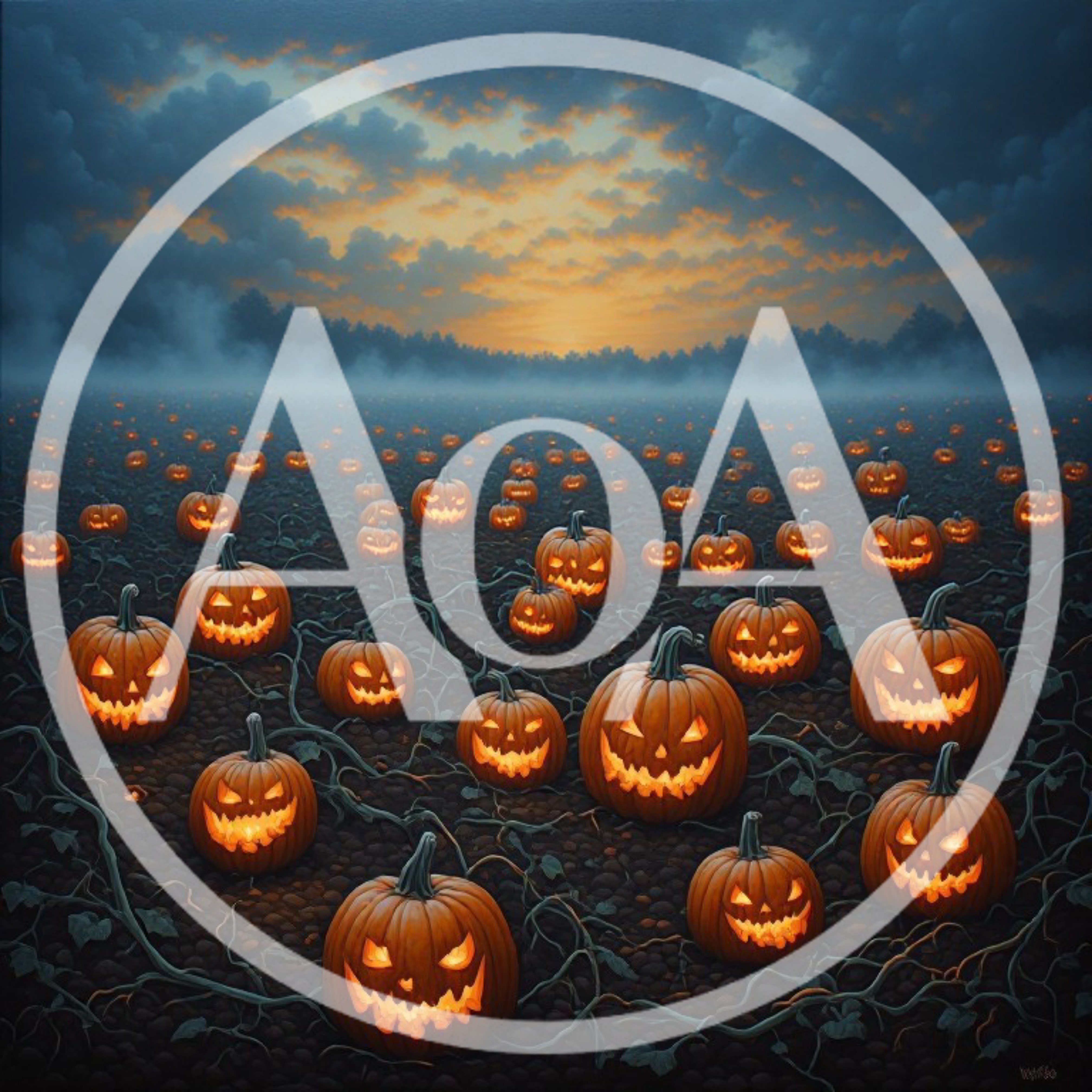 Glowing Jack O Lanterns In A Misty Pumpkin Patch