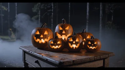 Glowing Jack O Lanterns On A Wooden Table