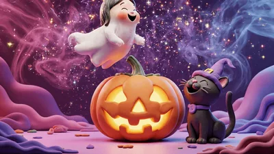 Cute Ghost and Cat Celebrating Halloween with Pumpkin